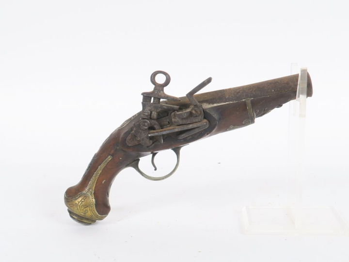 Petit pistolet à silex « Ripoll ».  Canon rond à pans au tonnerre, ave