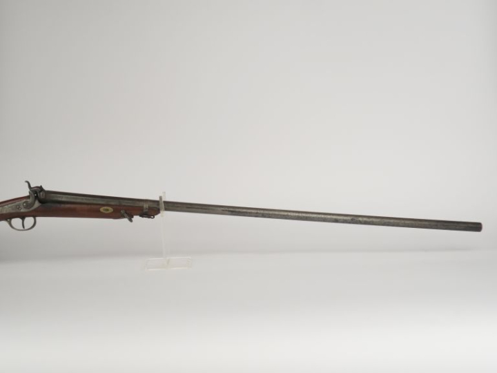 Fusil de chasse à percussion, un coup.  Crosse en noyer clair sculpté 