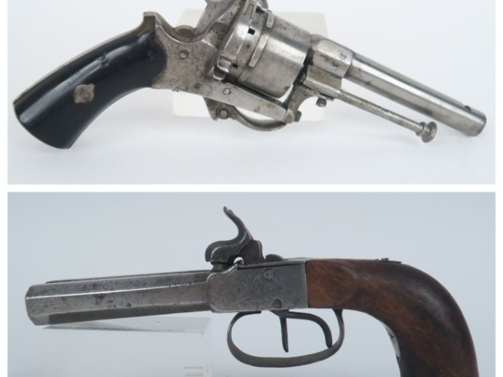 Revolver à broche, six coups, calibre 7 mm.  Canon rond à pans au tonn