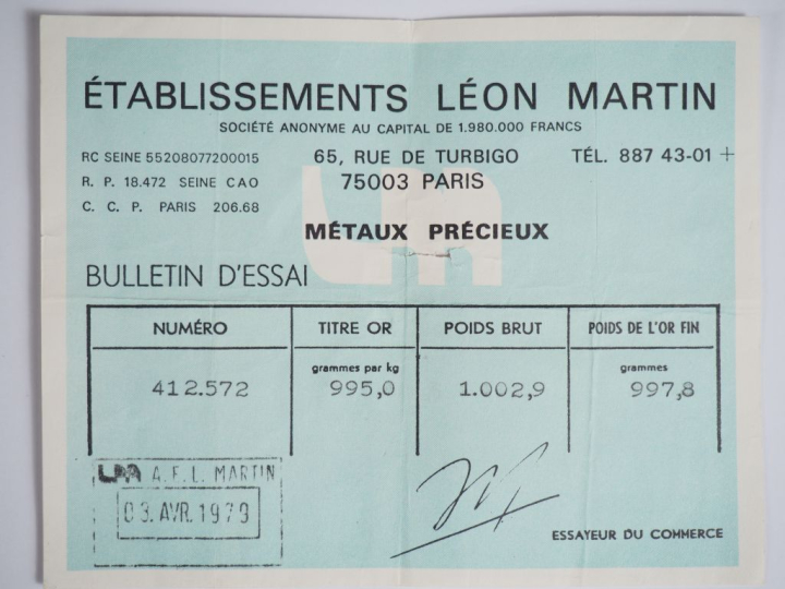 Lingot d'or  Titre : 995 g numéroté 412572 Avec son certicat   