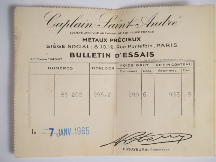 Lingot d'or  Titre : 996,2 g numéroté 83202 Avec son certificat   