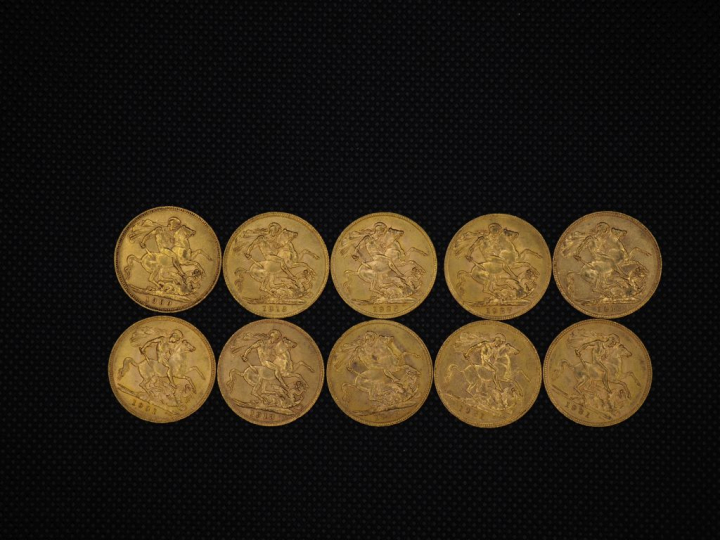 10 souverains or : 1931, 1922, 1913, 1927, 1931, 1931, 1913, 1928, 191