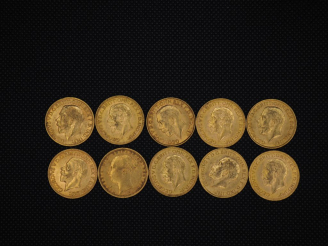 Vente aux enchères 10 souverains or : 1914, 1931, 1930, 1918, 1931, 1931, 1887, 1928, 193