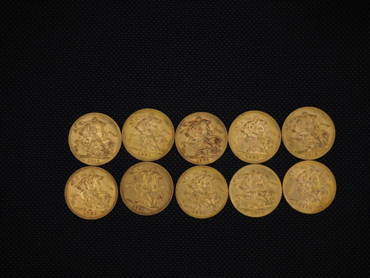 10 souverains or : 1914, 1931, 1930, 1918, 1931, 1931, 1887, 1928, 193