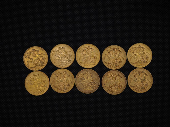 10 souverains or : 1929, 1927, 1912, 1892, 1930, 1914, 1930, 1927, 191