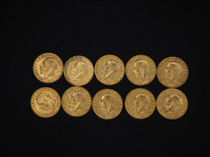 10 souverains or : 1911, 1912, 1914, 1911, 1911, 1922, 1912, 1913, 193