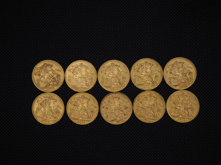 10 souverains or : 1911, 1912, 1914, 1911, 1911, 1922, 1912, 1913, 193