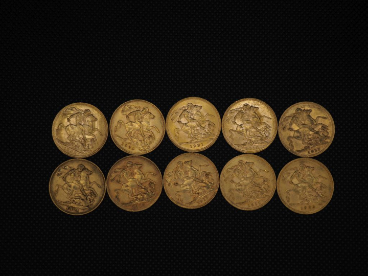 10 souverains or : 1912, 1929, 1912, 1915, 1931, 1891, 1911, 1918, 192