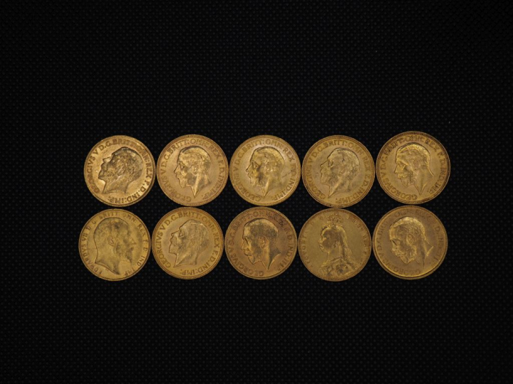 10 souverains or : 1929, 1911, 1930, 1912, 1929, 1929, 1908, 1891, 191