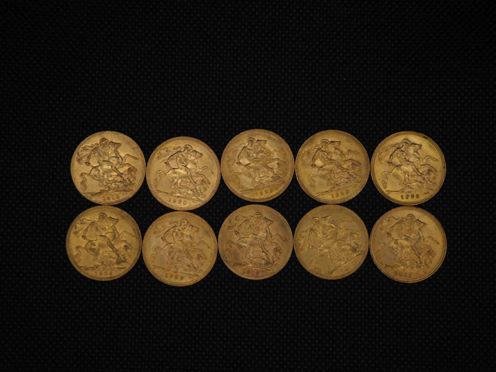 10 souverains or : 1929, 1911, 1930, 1912, 1929, 1929, 1908, 1891, 191