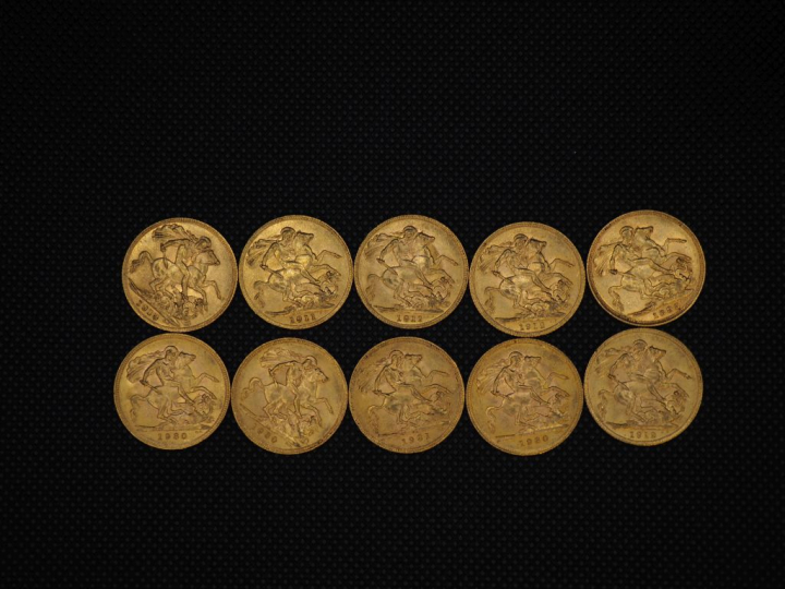 10 souverains or : 1930, 1912, 1930, 1931, 1895, 1930, 1911, 1912, 191