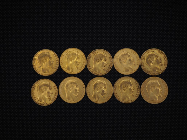 10 pièces de 20 Francs or Napoléon : 1855, 1859, 1855, 1855, 1860, 185