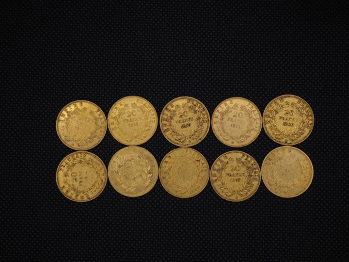 10 pièces de 20 Francs or Napoléon : 1855, 1859, 1855, 1855, 1860, 185