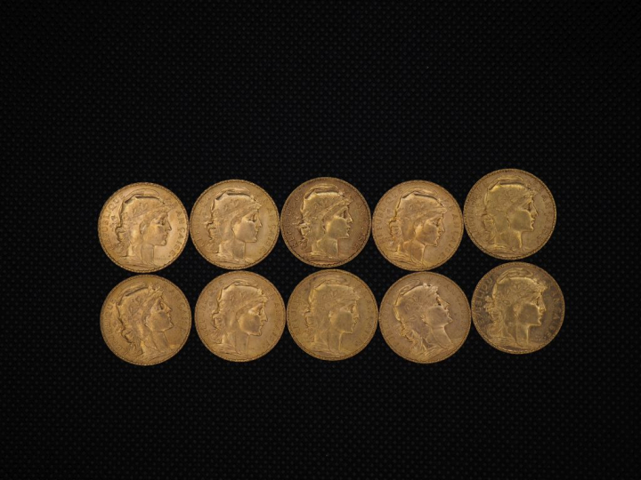 10 pièces de 20 Francs or : 1901, 1910, 1910, 1909, 1910, 1905, 1904, 