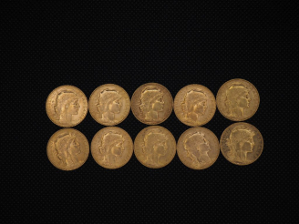 Vente aux enchères 10 pièces de 20 Francs or : 1901, 1910, 1910, 1909, 1910, 1905, 1904, 