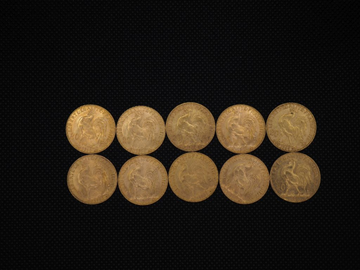 10 pièces de 20 Francs or : 1901, 1910, 1910, 1909, 1910, 1905, 1904, 