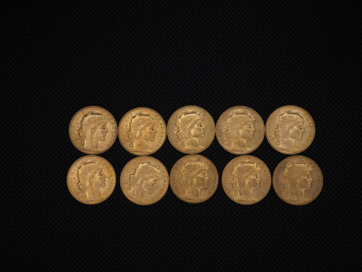 10 pièces de 20 Francs or  : 1913, 1910, 1908, 1910, 1904, 1910, 1910,