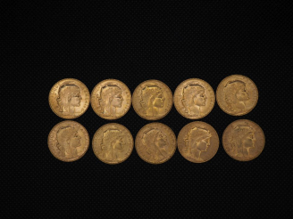 Vente aux enchères 10 pièces de 20 Francs or  : 1909, 1910, 1901, 1904, 1910, 1906, 1910,