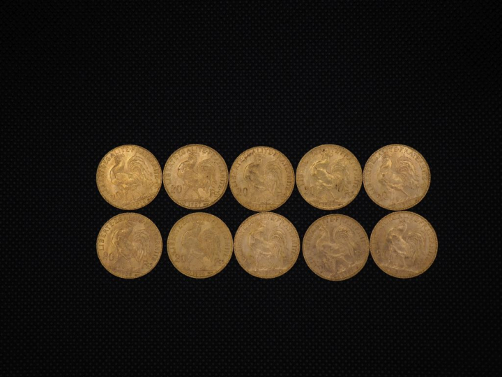 10 pièces de 20 Francs or : 1907, 1910, 1910, 1907, 1914, 1906, 1909, 