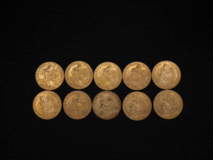 10 pièces de 20 Francs or : 1910,  1913, 1907, 1910, 1910, 1909, 1910,