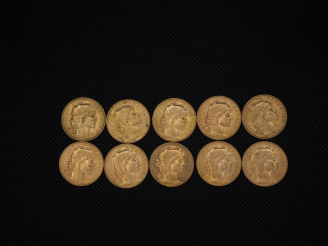 Vente aux enchères 10 pièces de 20 Francs or : 1910, 1910, 1908, 1909, 1901, 1911, 1914, 