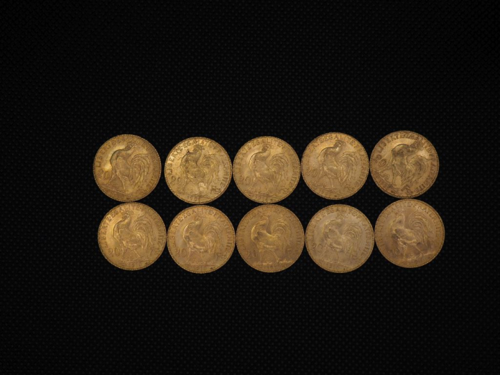 10 pièces de 20 Francs or : 1910, 1910, 1908, 1909, 1901, 1911, 1914, 