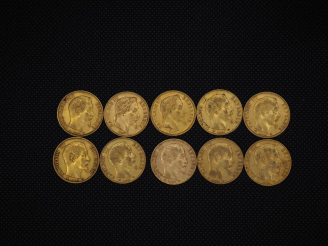 Vente aux enchères 10 pièces de 20 Francs or Napoléon : 1852, 1857, 1859, 1864, 1869, 185