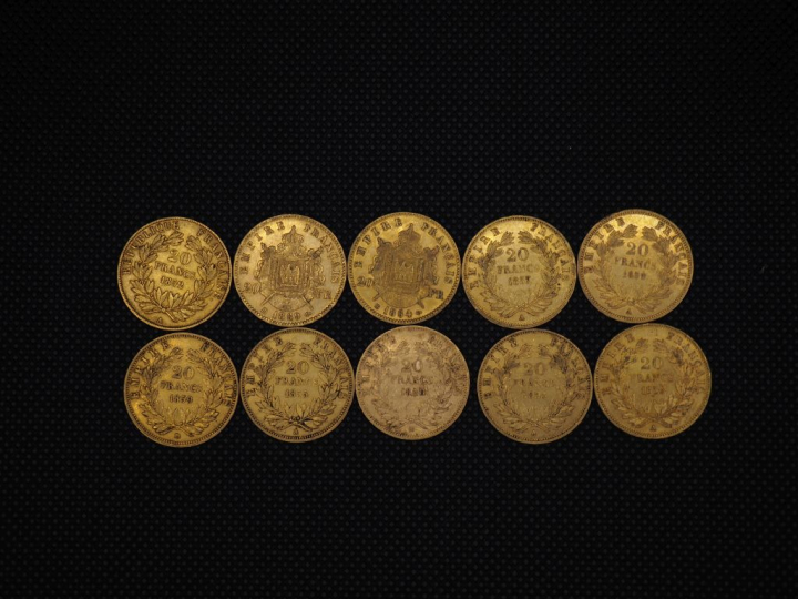 10 pièces de 20 Francs or Napoléon : 1852, 1857, 1859, 1864, 1869, 185