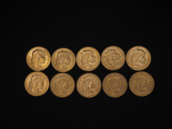 10 pièces de 20 Francs or : 1901, 1910, 1913, 1904, 1910, 1910, 1907, 