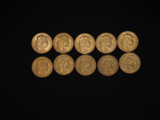 Vente aux enchères 10 pièces de 20 Francs or : 1907, 1908, 1906, 1909, 1913, 1910, 1904, 