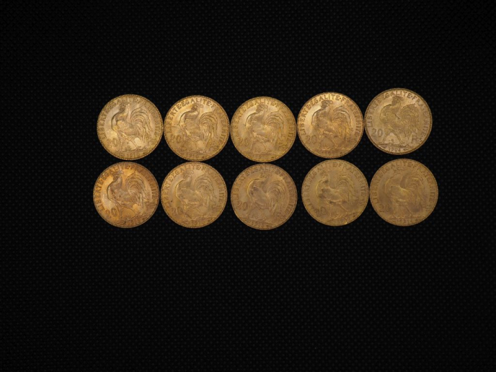 10 pièces de 20 Francs or : 1909, 1914, 1913, 1910, 1913, 1904, 1911, 