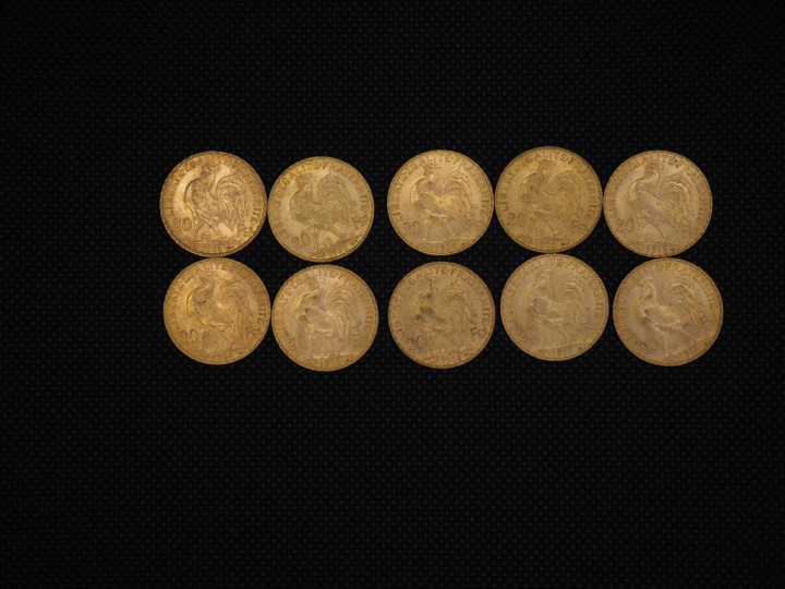 10 pièces de 20 Francs or : 1913, 1910, 1906, 1908, 1908, 1910, 1910, 