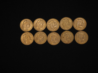 Vente aux enchères 10 pièces de 20 Francs or : 1904, 1910, 1910, 1908, 1910, 1908, 1909, 