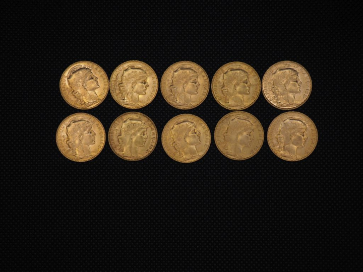 10 pièces de 20 Francs or : 1910, 1912, 1909, 1907, 1913, 1904, 1914, 