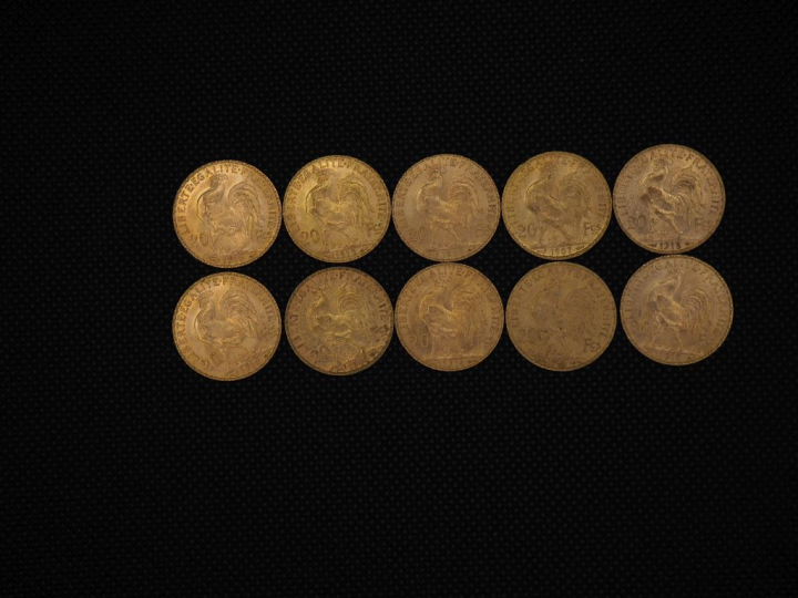 10 pièces de 20 Francs or : 1910, 1912, 1909, 1907, 1913, 1904, 1914, 