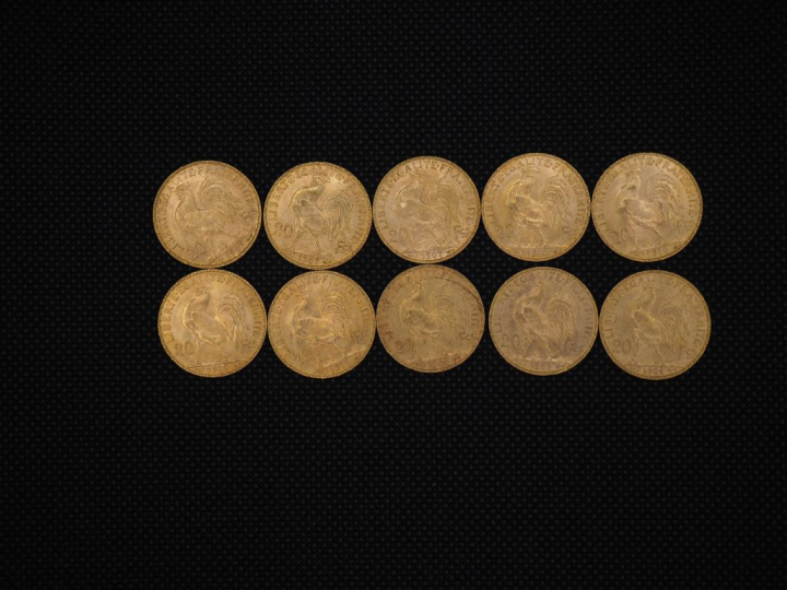 10 pièces de 20 Francs or : 1907, 1910, 1906, 1904, 1910, 1910, 1910, 