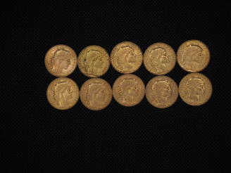Vente aux enchères 10 pièces de 20 Francs or : 1902, 1907, 1902, 1907, 1910, 1910, 1913, 