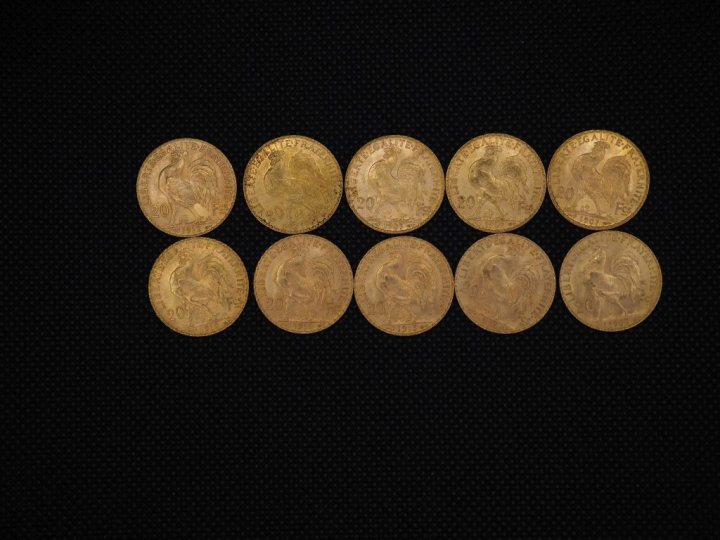 10 pièces de 20 Francs or : 1902, 1907, 1902, 1907, 1910, 1910, 1913, 