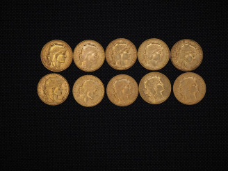 Vente aux enchères 10 pièces de 20 Francs or : 1909, 199, 1913, 1905, 1905, 1901, 1908, 1