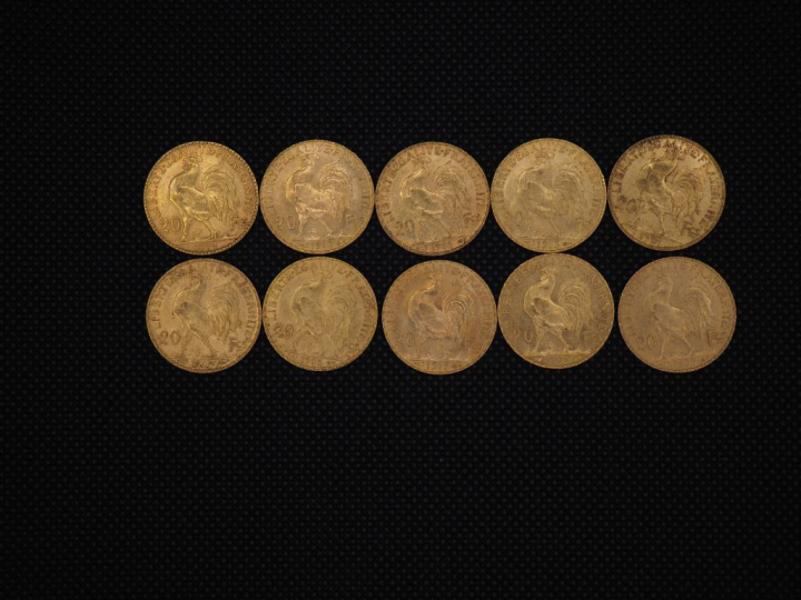 10 pièces de 20 Francs or : 1909, 199, 1913, 1905, 1905, 1901, 1908, 1