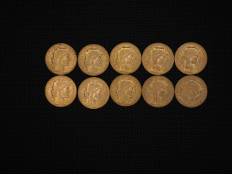 Vente aux enchères 10 pièces de 20 Francs or : 1909, 1908, 1912, 1910, 1910, 1910, 1910, 