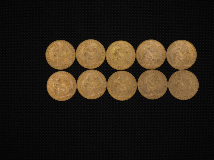 10 pièces de 20 Francs or : 1909, 1908, 1912, 1910, 1910, 1910, 1910, 