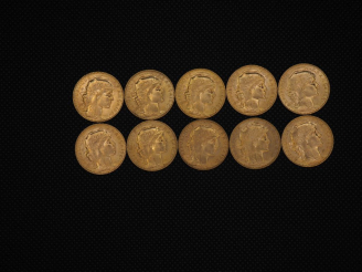 Vente aux enchères 10 pièces de 20 Francs or : 1910, 1914, 1913, 1910, 1909, 1910, 1914, 