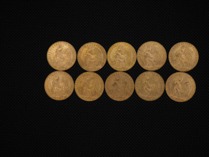 10 pièces de 20 Francs or : 1910, 1914, 1913, 1910, 1909, 1910, 1914, 