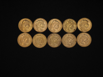 Vente aux enchères 10 pièces de 20 Francs or : 1914, 1908, 1904, 1907, 1910, 1907, 1910, 