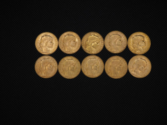 Vente aux enchères 10 pièces de 20 Francs or : 1910, 1912, 1911, 1907, 1914, 1912, 1907, 