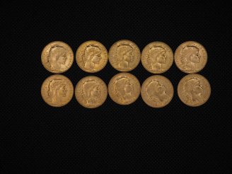 Vente aux enchères 10 pièces de 20 Francs or : 1910, 1910, 1907, 1912, 1910, 1910, 1910, 