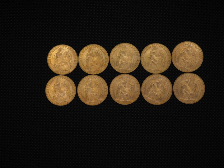 10 pièces de 20 Francs or : 1910, 1910, 1907, 1912, 1910, 1910, 1910, 