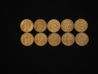 Vente aux enchères 10 pièces de 20 Francs or : 1910, 1913, 1910, 1910, 1910, 1910, 1904, 