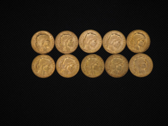Vente aux enchères 10 pièces de 20 Francs or : 1908, 1907, 1910, 1910, 1910, 1910, 1910, 
